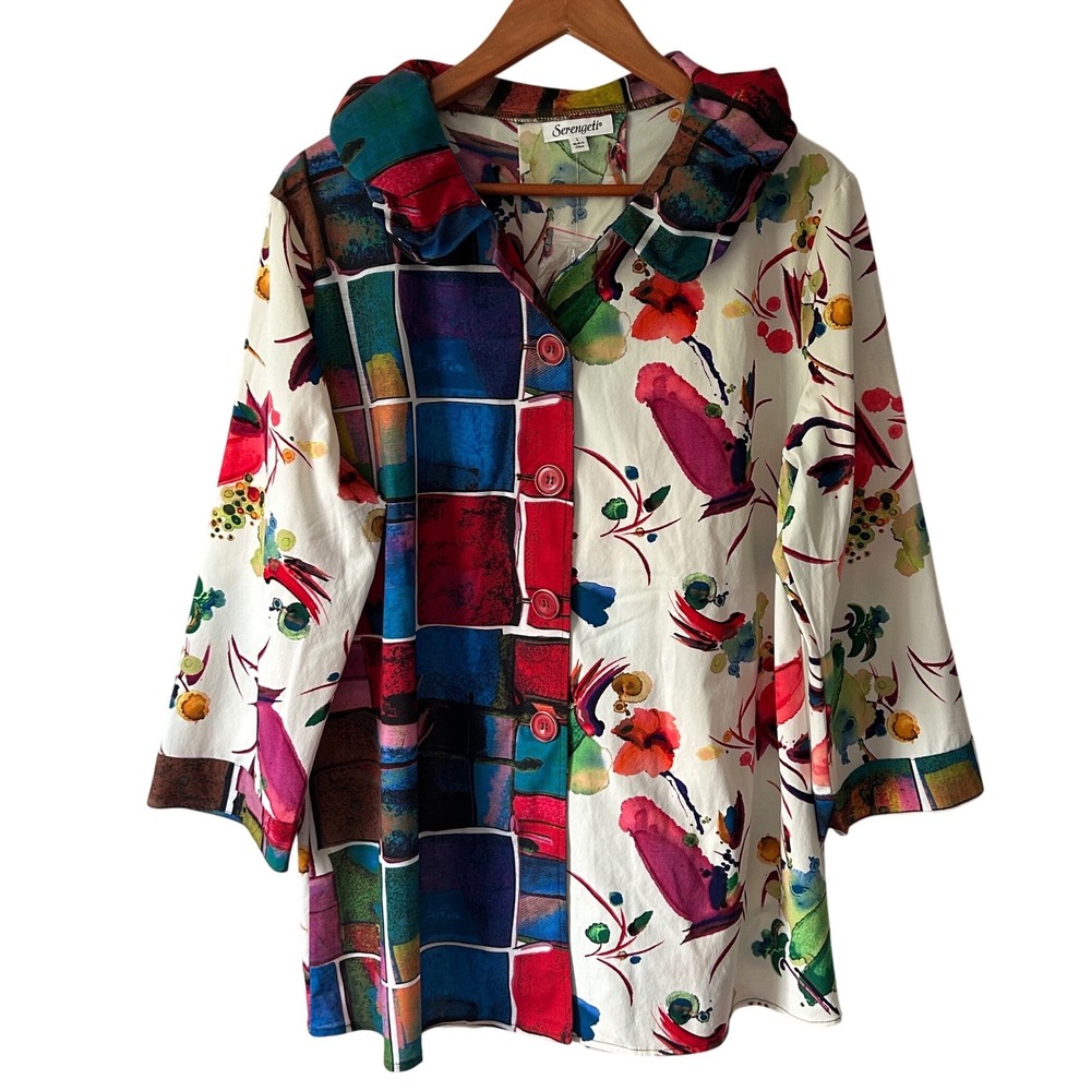 Serengeti Button Up Artsy Bright Watercolor Blouse Elastic Collar Women's L NWOT